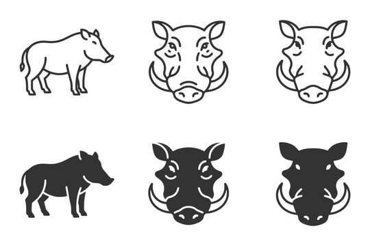 Boar and warthog icon set - wild animal silhouettes and line art collection.