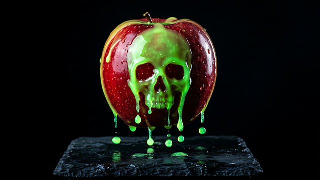 Poisoned Red Apple Dripping Glowing Green Toxic Slime Skull on Black Slate for Halloween Concept