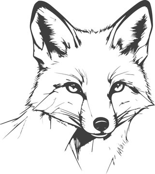 Fox face close up line art drawing with detailed fur and sharp eyes portrait illustration