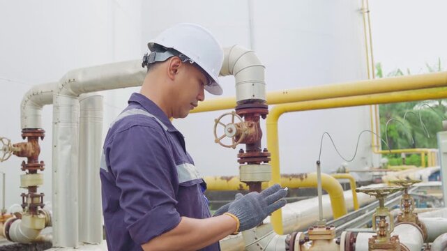 Petrochemical Engineers checking reports tablet for technical inspections in oil refinery. Technicians working on checklist in the oil storage tank area. Factory and industry manufacturing. Oil tank