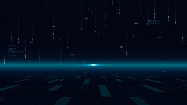 Computer Code Script Terminal with Vertical Data Rain Streaks over Dark Horizon for Cyber Security and High Tech Network Broadcast