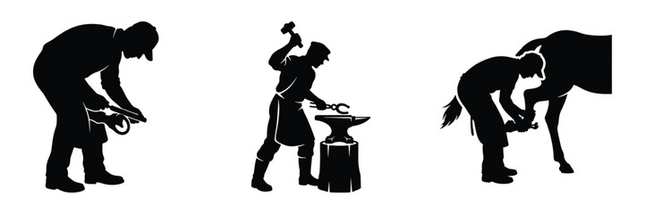 Fototapeta premium Three black vector silhouettes of a farrier working with horseshoes, hammering iron on an anvil and tending to hooves, flat graphic illustration style