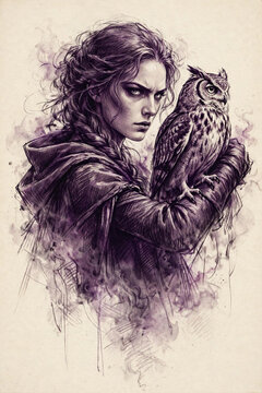 Fierce Young Woman Holding Owl in Dark Fantasy Sketch