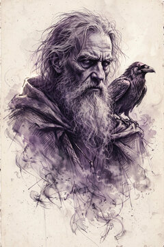 Ancient Wise Elder with Raven Companion in Mystical Portrait