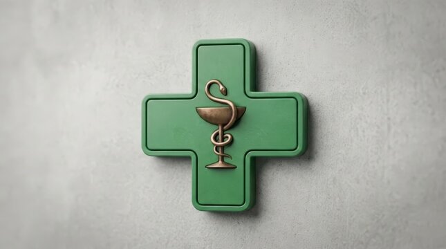 A green 3D cross emblem with a bronze rod of Asclepius symbol mounted on a textured concrete wall, representing a modern pharmacy sign with a clean and professional appearance