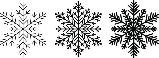 Obraz premium Minimalist snowflake vector icons set, black winter snow crystal silhouettes, Christmas decoration line art elements