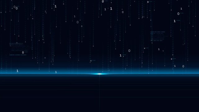 Binary Code Data Stream Falling to Glowing Blue Horizon Line for Big Data Server and Cyber Security Background