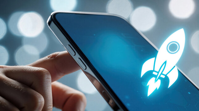 Close up of human finger touching glowing rocket icon on smartphone screen. Mobile app launch concept for startup business. Entrepreneur uses digital device for innovation, growth. Tech interface