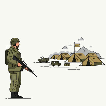 Soldier guarding military camp with tents and vehicles, flat vector illustration