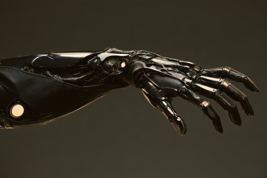 Robotic bionic arm featuring futuristic design and artificial intelligence components