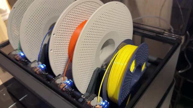 Horizontal video of colorful 3D printing filament spools beside a modern 3D printer, showcasing creative materials, digital fabrication, and innovative technology