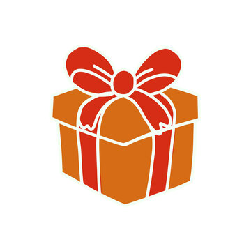 Orange gift box with red ribbon bow flat icon illustration isolated on white