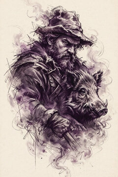 Bearded Hunter with Wild Boar Dramatic Sketch Art Illustration