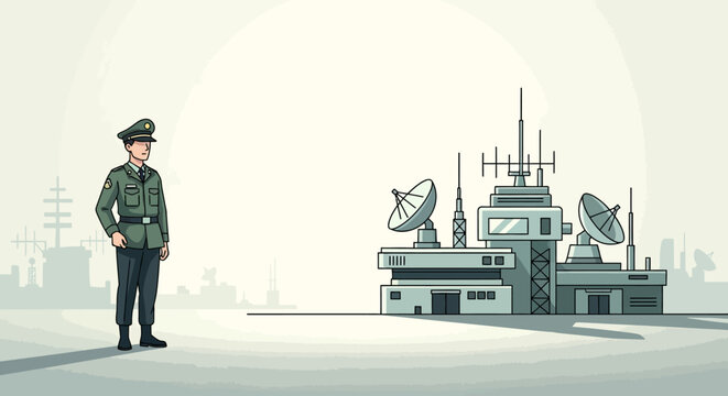 Soldier guarding modern control center illustration, surveillance security