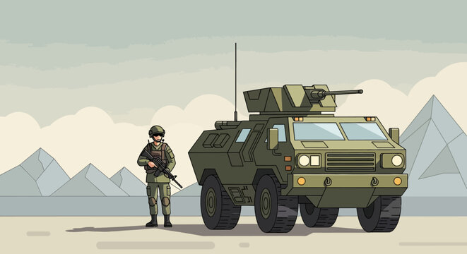 Soldier next to armored vehicle on the battlefield illustration