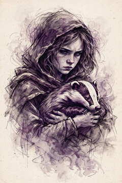 Hooded Girl Tenderly Holding Sleeping Badger in Purple Illustration