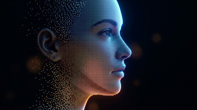 Digital LED human face profile with glowing blue pixelated skin and futuristic lighting effects
