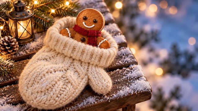 A cheerful gingerbread character in funny winter adventures with festive details for Christmas and New Year.