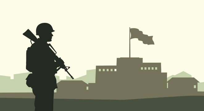 Silhouette of Soldier Guarding Building During War