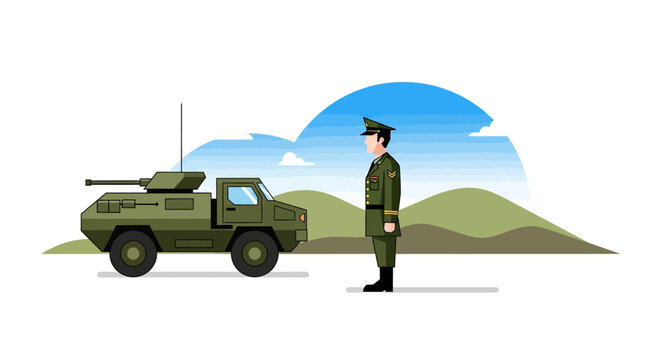 Soldier next to Armored military vehicle illustration