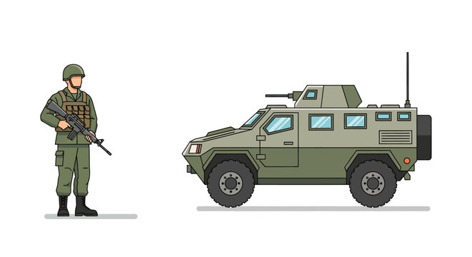 Soldier next to Armored military vehicle illustration