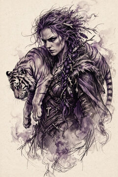 Fierce Female Warrior Walks Alongside Ferocious Tiger Companion
