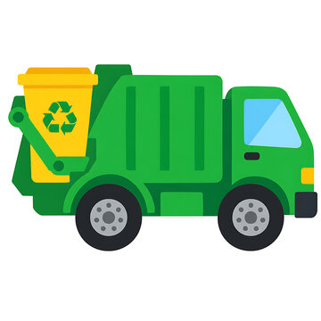 Flat vector illustration of a green recycling truck with a yellow bin on a white.