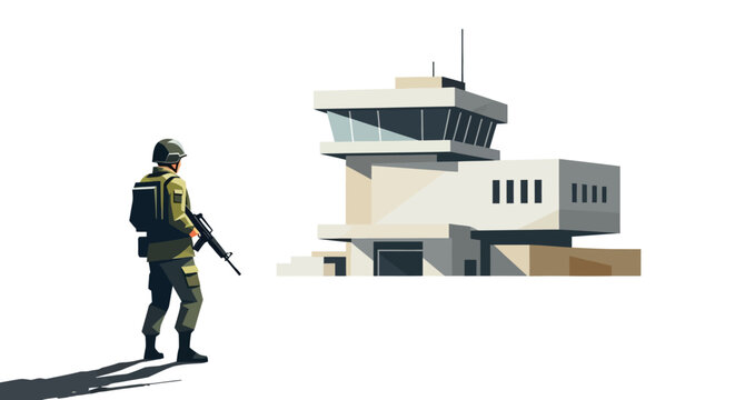Soldier guarding modern building - vector illustration
