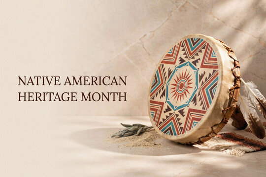 Native American Heritage Month traditional drum with feathers and sage