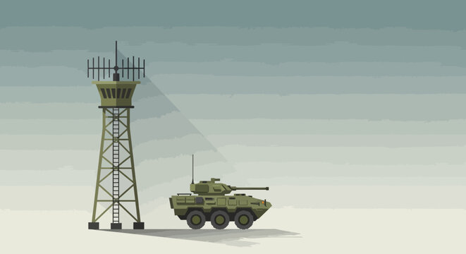 Pixel art military scene with armored vehicle and observation tower illustration