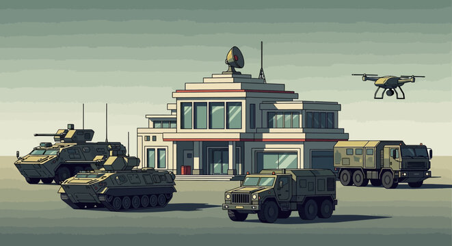 Pixel art military base with vehicles and drone.