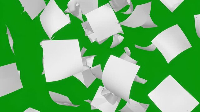 A 3D animation of white paper sheets falling and fluttering down against a solid green screen background, perfect for office, business, and document projects.