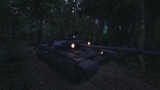 Tank on reconnaissance under canopy, sensors and small lights active, barrel slightly elevated, camouflage net fragments, subdued blue green light filtering