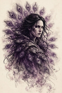Mysterious Woman Surrounded by Ethereal Purple Peacock Feathers Art