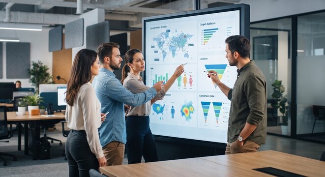 A team of professionals is actively engaged in a business meeting, with one person pointing at a large interactive screen displaying charts and world maps, signifying collaboration and data analysis.
