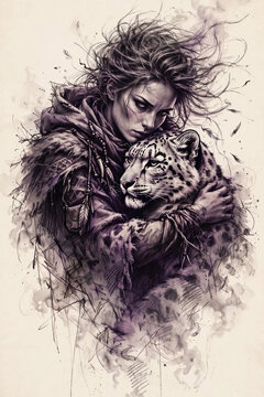 Wild Woman Embracing Snow Leopard in Dramatic Ink Illustration