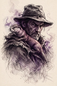 Rugged Bearded Man with Otter Companion Detailed Fantasy Sketch