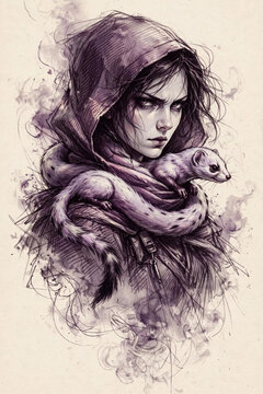 Hooded Fantasy Woman Holding Ferret Sketch Illustration Purple Art