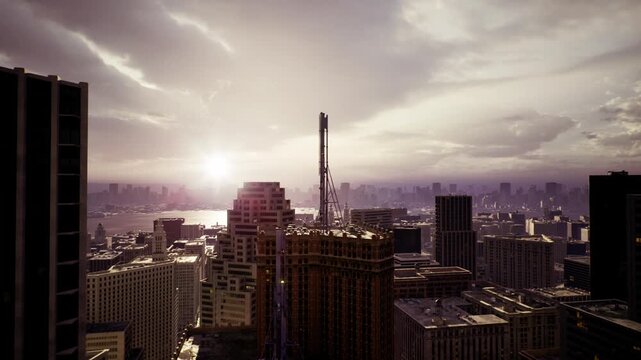 Morning over New York City skyline, distant river mist, construction mast piercing sky, layered highrises, cool light and quiet industrial horizon.