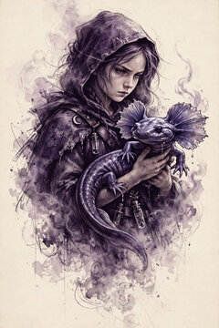 Young Hooded Witch Holding Magical Axolotl Creature With Potions