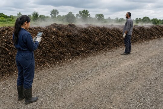 Compost Facility Odor Monitoring - Technician measuring air beside an active Organics windrow