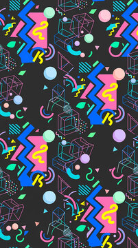 Seamless pattern with colorful geometric shapes in 1980s and 1990s retro style.