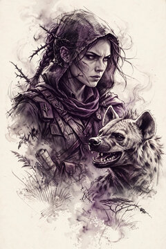 Fierce Warrior Woman With Hyena Companion Fantasy Illustration Art