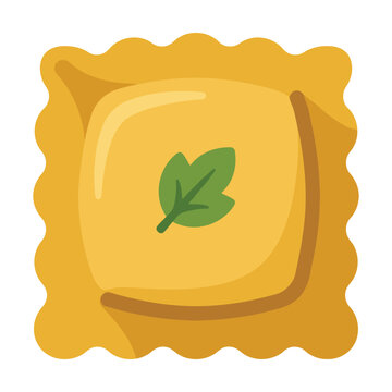 Fresh ravioli pasta square with a green basil leaf on top