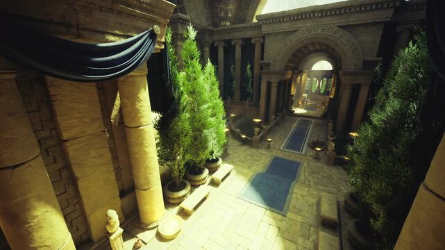 sun dappled temple passage with cypress and blue runners, calm corridor framed by stone pillars, subtle reliefs and mossy planters, historian sketching reliefs
