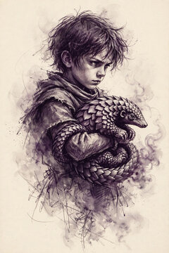 Determined young boy cradling a curled baby pangolin tenderly