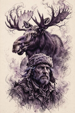 Rugged Wilderness Hunter Portrait with Majestic Moose Spirit Above