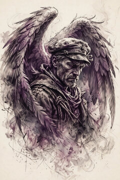 Winged Sailor Angel Fantasy Portrait With Purple Feathered Wings