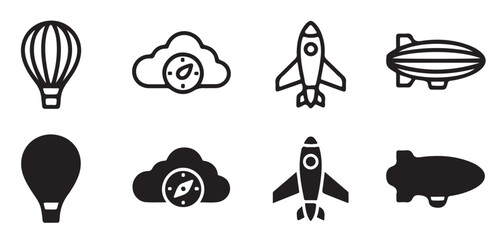 Aviation set containing hot air balloon cloud rocket and airship vector in outline and solid versions. © MDIKRAM