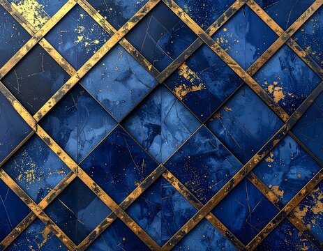 Deep indigo seamless pattern of interlocking diamond grid on gold flecked washi